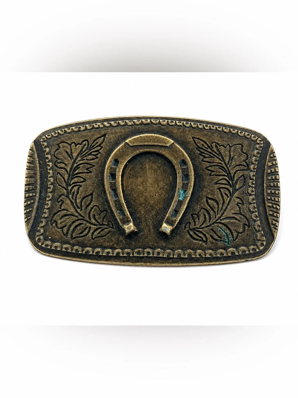 Vintage Western Horseshoe Floral Antique Brass Tone Belt Buckle